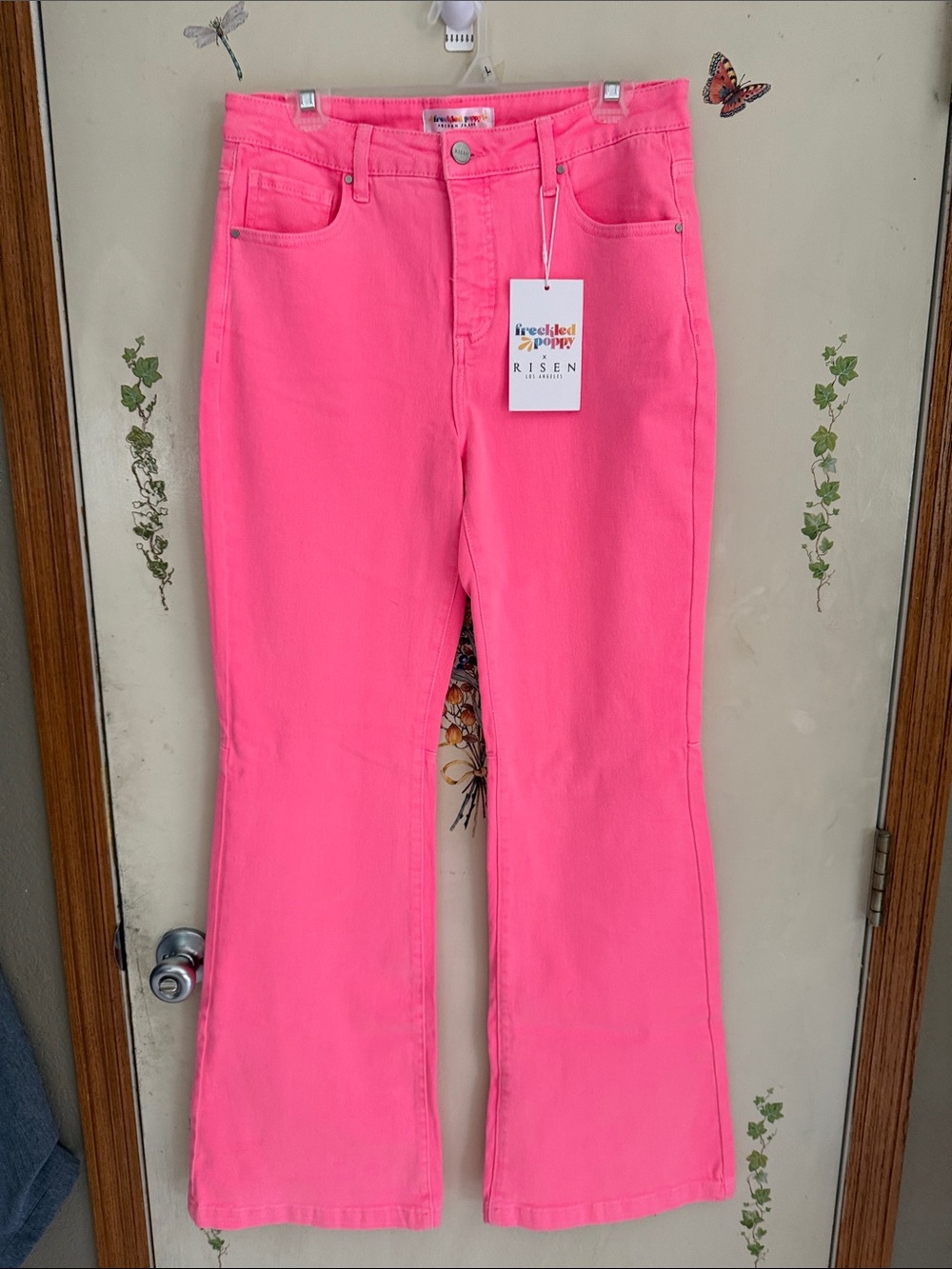 Risen Hot Pink High-Rise Flare Jeans